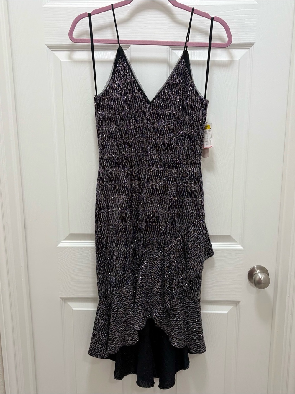 Gianni Bini Black Metallic High-Low Ruffle Slip Dress